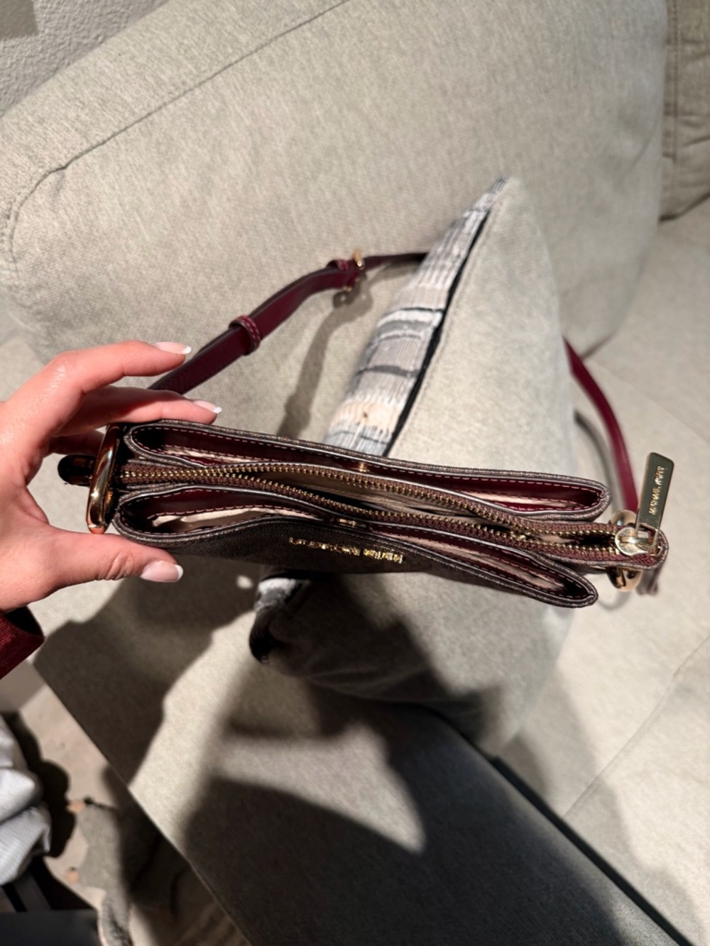 Michael Kors Brown Monogram Jet Set Logo Crossbody with Burgundy Accents - Picture 10 of 16
